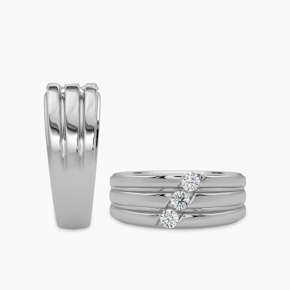 Anillo de diamantes de tres piedras diagonales para hombre de 10 KW y 0,33 quilates con galería