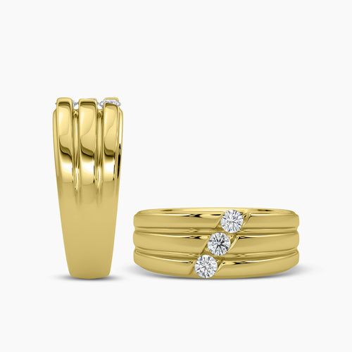 Anillo de diamantes de tres piedras diagonales para hombre de 10 KW y 0,33 quilates con galería